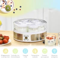Yogurtiera 20W da 1.5L con 7 Vasetti e Display a Pulsanti, in Acciaio Inox e Plastica, 24x24x13 cm, Bianca
