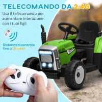 Trattore Elettrico per Bambini 3-6 Anni con Rimorchio Rimovibile, Batteria 12V e Telecomando, Verde