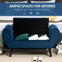 Panca Contenitore Imbottita per Interno in Tessuto Vellutato con Braccioli, 118x42x66cm - Blu