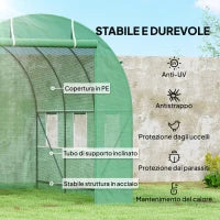 Serra per Orto a Tunnel 3.5x2x2m in PE e Metallo con 6 finestre e Porta Avvolgibile, Verde