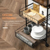 Carrello da Cucina con 2 Cesti estraibili in Metallo, 2 ripiani in Legno Truciolato e Ganci laterali, 40x38x111cm