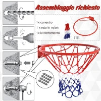 Canestro Basket da Muro in Ferro con Rete in Nylon per Esterno e Interno, Φ46cm