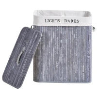 Cesto per il bucato 100L con 2 scomparti in bambù pieghevole con coperchio maniglia sacchetto removibile in tela grigio