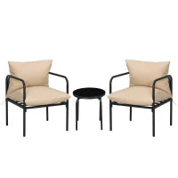 Set da Giardino a 3 Pezzi per 2 Persone con 2 Poltrone e 1 Tavolino Rotondo, Metallo, Nero e Beige