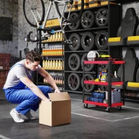 Carrello Porta Attrezzi a 3 Ripiani in Metallo e PP, 70.5x35x82.5 cm, Rosso e Nero