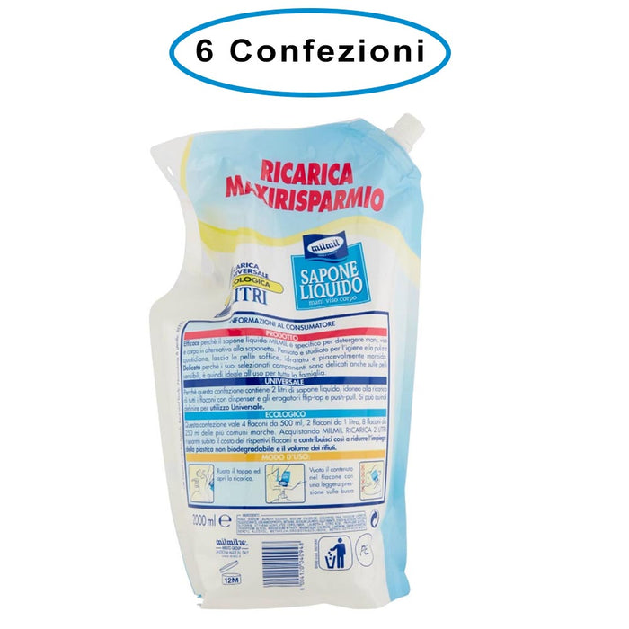 Mil mil sapone liquido morbidezza naturale ricarica maxi risparmio 6 confezioni da 2000 ml