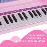 Pianoforte Giocattolo per Bambini , Strumento Musicale Elettrico con 37 Tasti Luminosi, Microfono e Sgabello Inclusi, 48x39x69 cm, Rosa