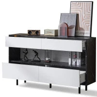 Credenza moderna effetto marmo nero con ripiani aperti, 4 cassetti e illuminazione LED, 150x35x89,5 cm, Bianco e Nero