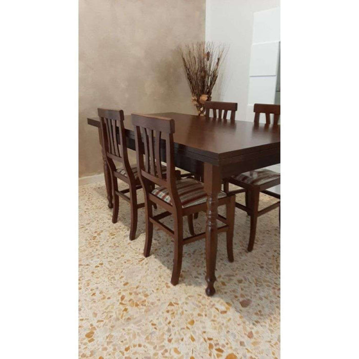 Tavolo arte povera con gambe tornite allungabile fino 220 in legno massello e mdf con rifinitura in noce 140x80x78 H