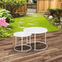 Set 2 Tavolini da Salotto e Giardino Salvaspazio Sovrapponibili, Tavolini da Caffè in Ferro, Bianco