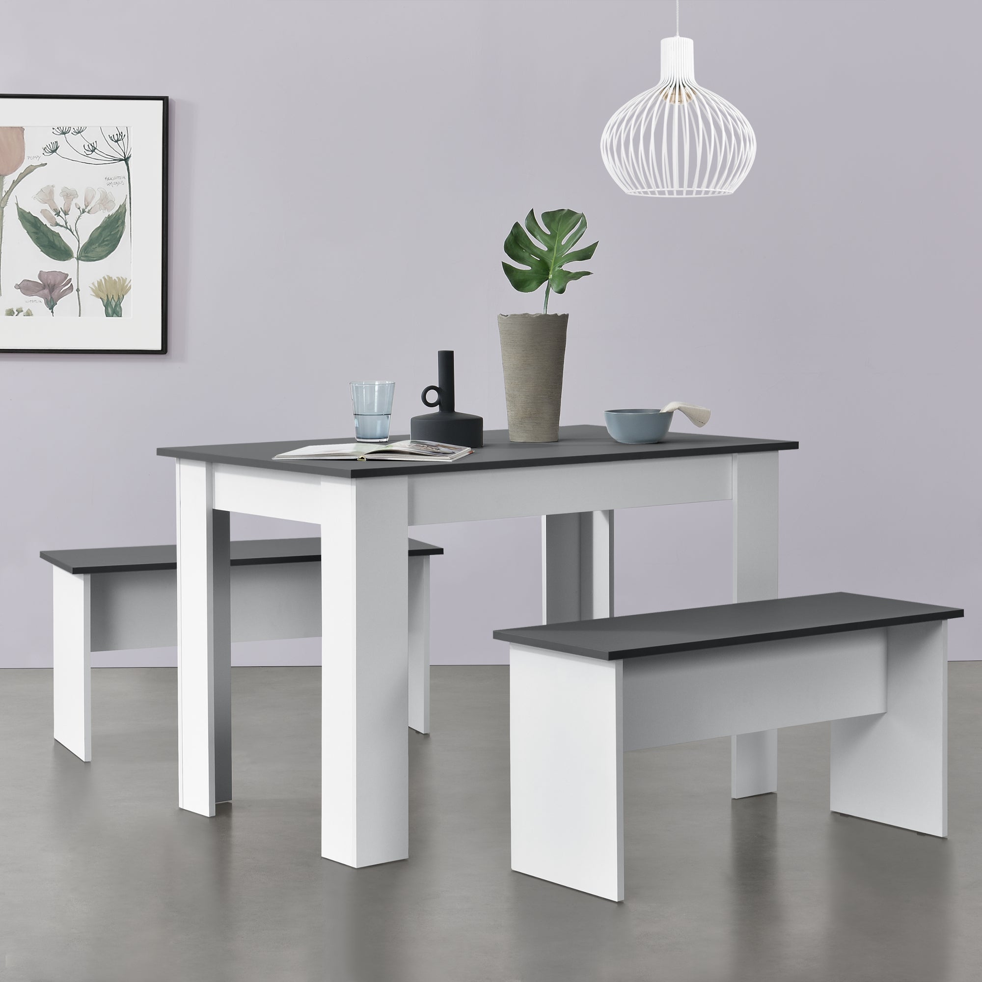 Set Hokksund per Sala da Pranzo Tavolo e 2 Panche - Bianco / Grigio [en.casa]