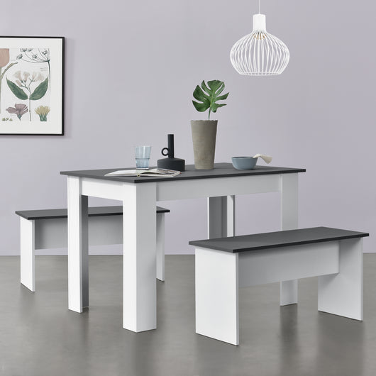 Set Hokksund per Sala da Pranzo Tavolo e 2 Panche - Bianco / Grigio [en.casa]