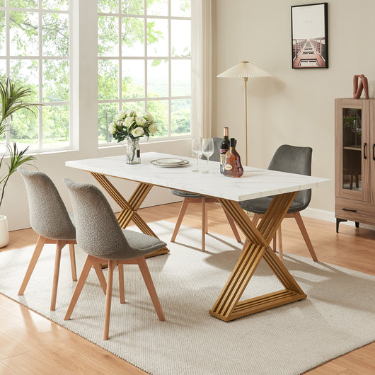 Tavolo da Pranzo Hujaari con Gambe a X in Metallo 180x80x75 cm Effetto Marmo Bianco [en.casa]
