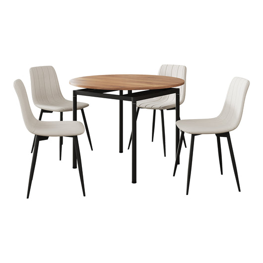 Set da Pranzo Hemnes Tavolo Rotondo Ø100 cm Effetto Rovere e 4 Sedie Tessuto Beige [en.casa]