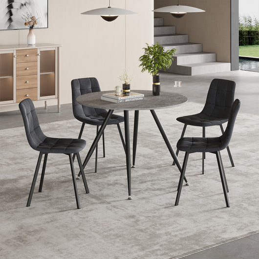 Set da Pranzo Fitjar Tavolo con Piano Rotondo Ø100 cm Effetto Cemento e 4 Sedie Effetto Velluto Grigio Scuro [en.casa]
