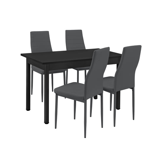 Set da Sala da Pranzo Tavolo con 4 Sedie Gambe in Acciaio Rivestimento in Similpelle - Nero / Grigio Scuro [en.casa]