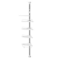 Mensola doccia telescopica mensola angolare bagno altezza 95-300 cm da pavimento a soffitto palo in acciaio inox 4 ripiani 3 ganci 1 porta asciugamani bianco e argento 12_0002733