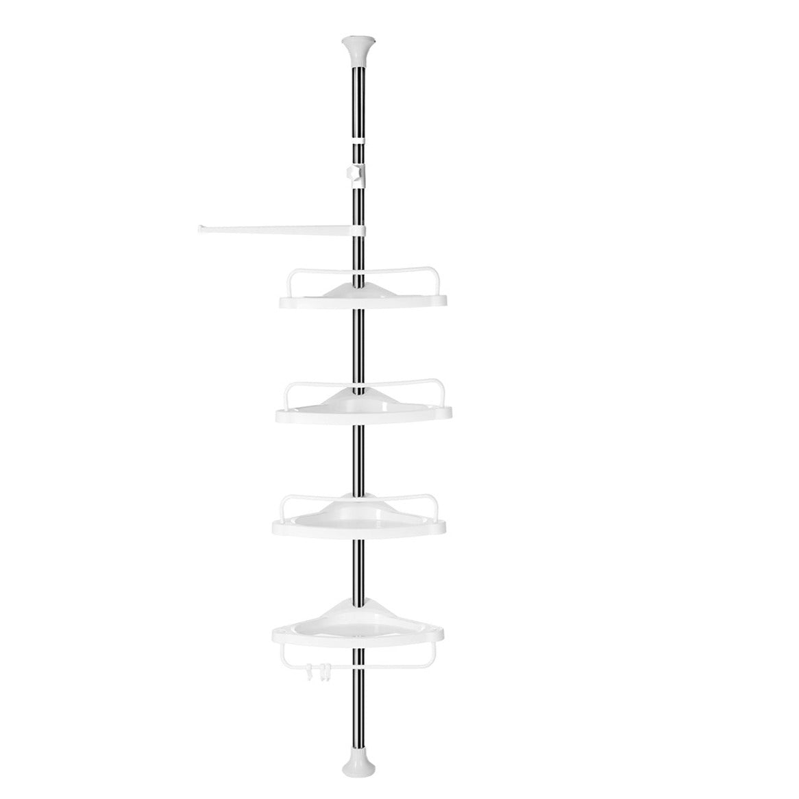 Mensola doccia telescopica mensola angolare bagno altezza 95-300 cm da pavimento a soffitto palo in acciaio inox 4 ripiani 3 ganci 1 porta asciugamani bianco e argento 12_0002733