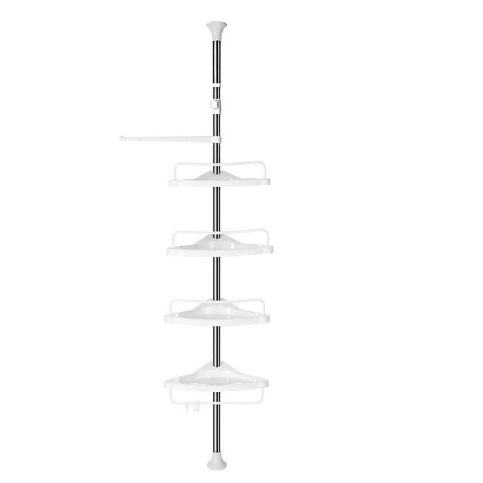 Mensola doccia telescopica mensola angolare bagno altezza 95-300 cm da pavimento a soffitto palo in acciaio inox 4 ripiani 3 ganci 1 porta asciugamani bianco e argento 12_0002733