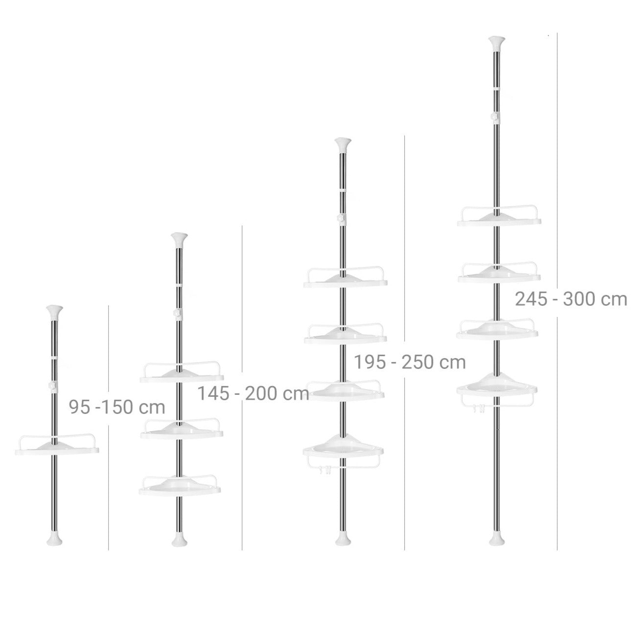 Mensola doccia telescopica mensola angolare bagno altezza 95-300 cm da pavimento a soffitto palo in acciaio inox 4 ripiani 3 ganci 1 porta asciugamani bianco e argento 12_0002733