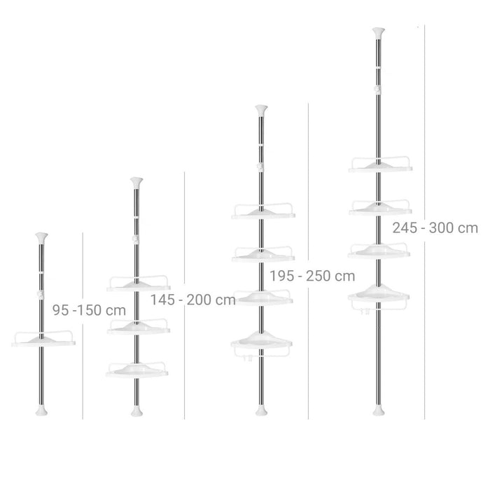 Mensola doccia telescopica mensola angolare bagno altezza 95-300 cm da pavimento a soffitto palo in acciaio inox 4 ripiani 3 ganci 1 porta asciugamani bianco e argento 12_0002733