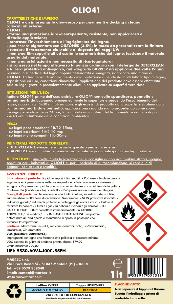 Impregnante per legno esterno OLIO41   5LTx4Pz