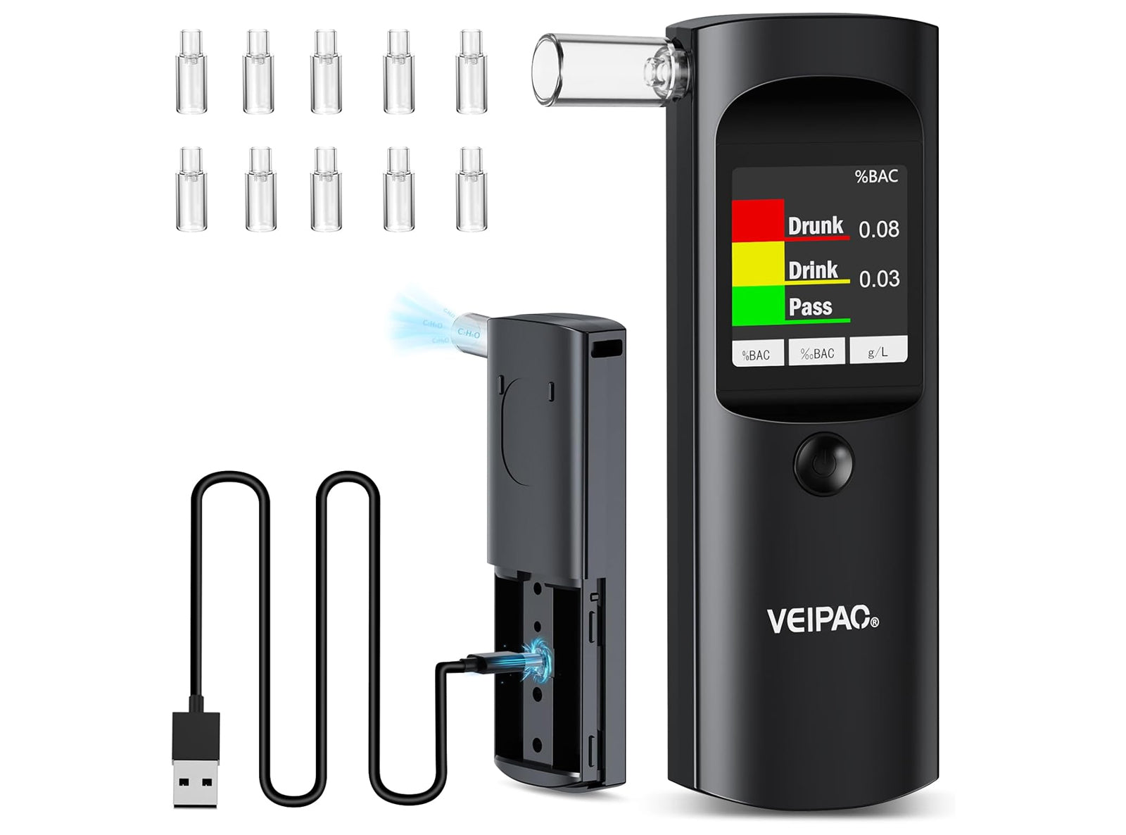 Etilometro Portatile Certificato Alcol Test Alcoltest Professionale con 11 Boccagli con Schermo LCD Digitale Alta Precisione per Uso Personale Casa Test
