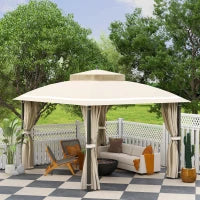 Gazebo da Giardino 3.7 x 3 m con Zanzariera, Tende Laterali e Doppio Tetto, Beige