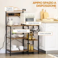 Scaffale Cucina Multipresa per Microonde con Ripiani e Cestino a Rete, 90x42x130cm, Marrone
