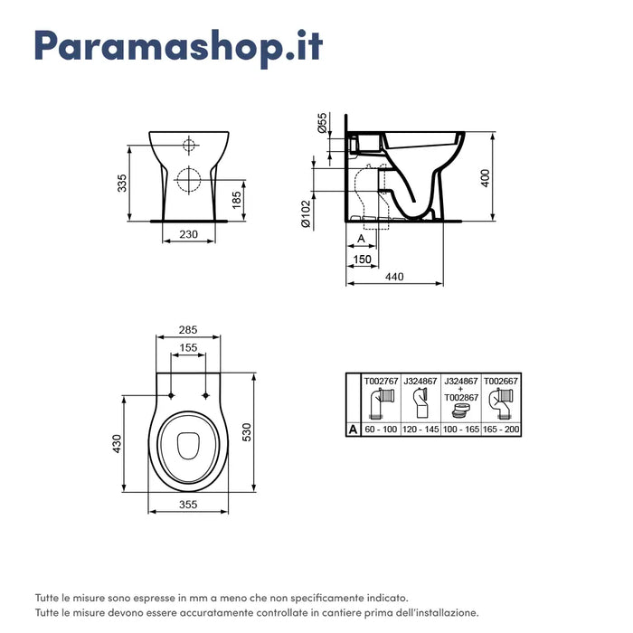 IDEAL STANDARD Coppia di sanitari filomuro: Bidet e Wc con sedile con cerniere in plastica | Eurovit