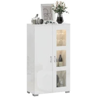 Credenza con LED RGB 16 colori e telecomando, alta lucidità, porte in vetro, ripiani in vetro, 71x35x126cm, bianco