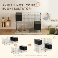 Gabbia per Animali Piccoli Modulabile con Casette Rialzate per Porcellini d'India e Ricci, Nero