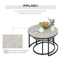 Set 2 Tavolini da Caffè Sovrapponibili Rotondi in Metallo e MDF Effetto Marmo, Grigio e Nero