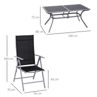 Set Mobili da Giardino un Tavolo con 6 Sedie Pieghevoli Schienale Reclinabile a 7 Livelli Struttura Verniciata a Polvere Antiruggine Nero  Argento Alluminio Tessuto a Rete Vetro