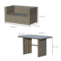 Set 3 Pezzi Mobili da Giardino con 2 Divani con Cuscini e 1 Tavolo in Rattan PE, Salotto da Esterno Grigio-Nero