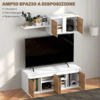 Set Mobile TV e Armadietto a Muro con 7 Ripiani e Scaffale Aperto, in Legno, 120x41x43.3 cm, Bianco e color Legno