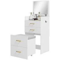 Tavolo da toeletta 3-in-1 con specchio, comodino, sgabello a rotelle, cassetti, Bianco