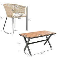 Set da pranzo da giardino 7 pezzi in rattan con 6 poltrone e tavolino, 140x80x76 cm, Beige