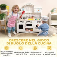 Cucina Giocattolo per Bambini 3-6 Anni in Legno con Set di Accessori, Lavandino e Manopole con Suoni, Bianco