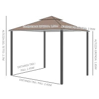 Gazebo da Giardino 3x3m con Zanzariera, Tetto a 2 Livelli e Struttura in Metallo Marrone
