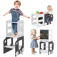 Scala Montessori 4 in 1 per Bambini con 2 Lavagne e Set Tavolo e Sedia, in Legno, 58x46x92 cm, Bianco