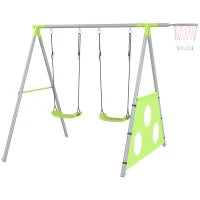 Gioco per Bambini 3 in 1 con Altalena da Giardino, Canestro e Porta da Calcio, 238x180x182 cm,, Verde e Grigio