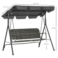 Dondolo da Giardino 3 Posti con Tettuccio Regolabile in Rattan PE, 167x112x153cm, Grigio Scuro