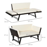 Divano 2 Posti con Braccioli Estensibili da Giardino Rattan 129x63x67cm Bianco, Marrone