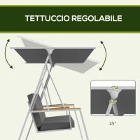 Dondolo da Giardino 3 Posti con Tettuccio Inclinabile, in Acciaio, 205x130x175 cm, Grigio Scuro