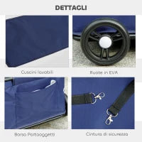 Passeggino per Cani Pieghevole con Borsa e Cuscino, in Acciaio e Tessuto Oxford, 53x45x28 cm, Blu Scuro
