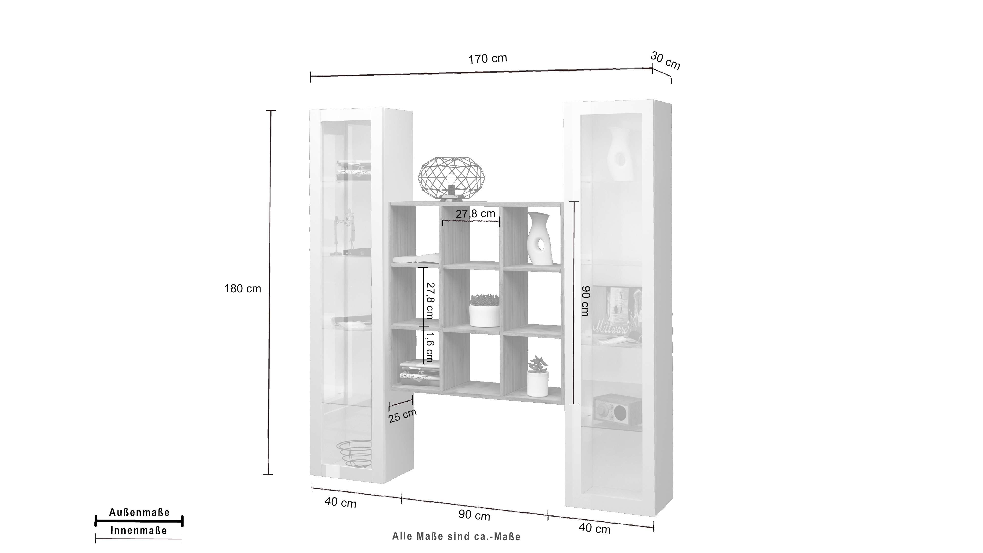 Parete attrezzata sospesa libreria in legno 2 vetrine bianche Vila WH
