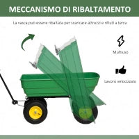 Carrello da Giardino 125L in Acciaio e PP con Vasca ribaltabile e Maniglia, 118x58x102 cm, Verde