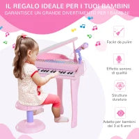 Pianoforte Giocattolo per Bambini , Strumento Musicale Elettrico con 37 Tasti Luminosi, Microfono e Sgabello Inclusi, 48x39x69 cm, Rosa
