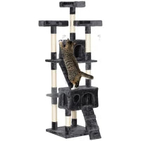 Albero Tiragraffi per Gatti con 3 Posatoi, 2 Casette e Giochi Appesi, in Legno e Peluche, 49x49x173 cm, Grigio